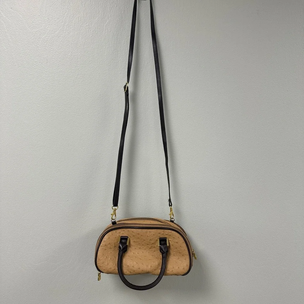 Tan Faux Ostrich Triple Zip Satchel Crossbody Bag Brown Trim Gold Hardware